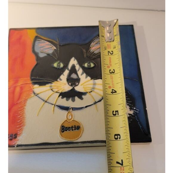 Cat Tile Art Hand-Painted Ceramic Signed Claudia Sanchez Coaster Trivet Decor - Picture 7 of 8